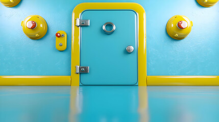 Teal door, yellow trim, futuristic room, glossy floor