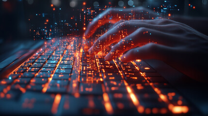 A programmer's hands coding on a keyboard, with holographic code lines emerging from the keys. Bright lighting, contrast