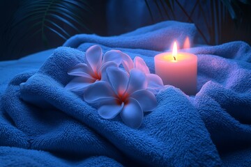 Aufkleber - Relaxing spa setting with blue towels, candles, and serene flowers for a calming ambiance