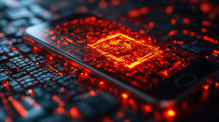 A glowing QR code on a smartphone screen, symbolizing IT-driven transactions. Bright lighting, contrast