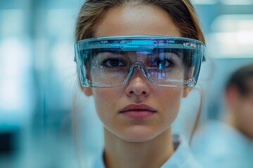 Leinwandbilder - Woman wearing high-tech glasses in a laboratory setting during daylight hours