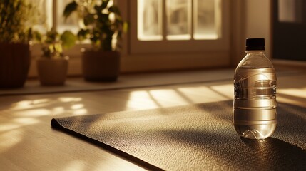 Wall Mural - Serene Sunlight: Water Bottle on Yoga Mat