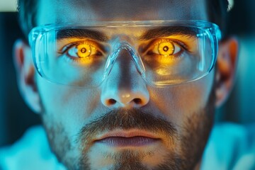 Leinwandbilder - Intense focus of a scientist wearing protective glasses with glowing reflections in a laboratory setting