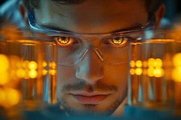 Aufkleber - Scientist examining glowing liquids in laboratory setting under artificial lighting during evening hours