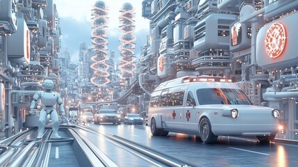 Naklejka na meble Futuristic Cityscape with Robot and Emergency Vehicle in Motion