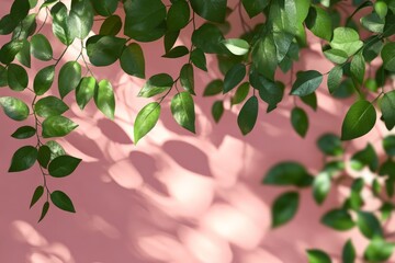 Poster - Green leaves casting shadows on a soft pink wall in a serene indoor space