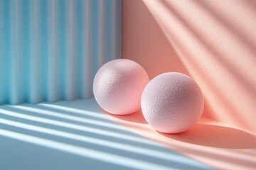 Fototapete - Soft textured spheres positioned on a pastel background with striped shadows creating a calming atmosphere