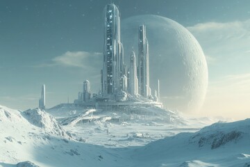Poster - Futuristic cityscape on a snowy planet with towering skyscrapers and a large moon in the background