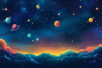 Aufkleber - Colorful cosmic landscape with planets in a starry night sky over distant mountains