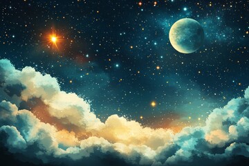 Poster - Beautiful night sky filled with stars, clouds, and a bright planet glowing over a serene landscape