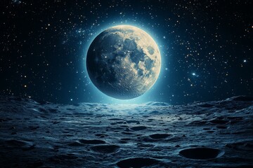 Poster - Moonrise above a lunar landscape illuminating the night sky with stars and space dust