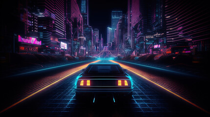 Wall Mural - car ride on the neon road in 80s retro synthwave style.