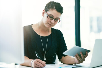 Writing, serious and woman with tablet, office and paralegal with information for case, notes and email. Policy, employee and judicial aide with records for trial, research and person in law firm