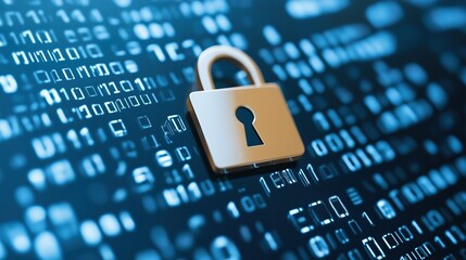 Cybersecurity concept with digital lock and binary code