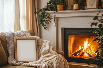 Wall Mural - Blank rectangular frame on a mantelpiece in a cozy living room, a crackling fire in the fireplace.