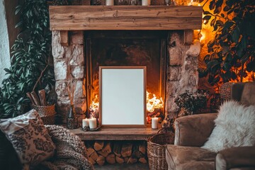 Wall Mural - Blank rectangular frame on a mantelpiece in a cozy living room, a crackling fire in the fireplace.