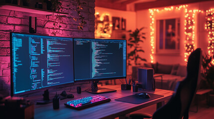A programmer coding on multiple monitors, illuminated by the soft glow of RGB lighting. Bright lighting, contrast