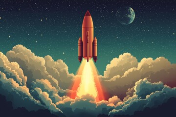 Aufkleber - Rocket launches into the starry sky, leaving a trail of flames against the backdrop of clouds and distant planets