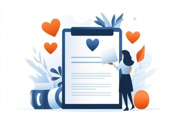 Aufkleber - A flat 2D design of a person handing over a completed document to an official, with bold, simple shapes on a bright white canvas