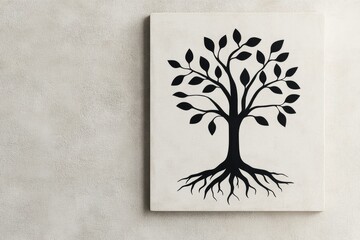 Fototapete - A flat 2D design of a substantial tree with sprawling branches and roots, symbolizing stability and growth, drawn in bold lines on a white canvas