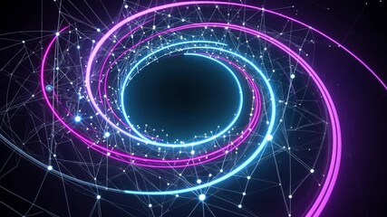 A futuristic network web shaped like a spiral galaxy, featuring stars as data nodes and glowing neon curved paths of information flow