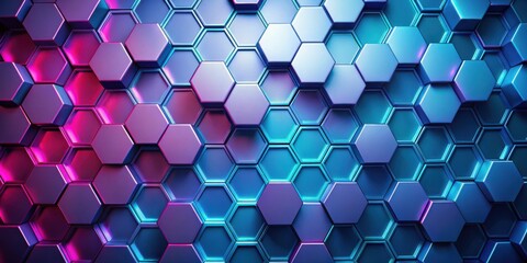 Wall Mural - A Seamless Pattern of Interlocking Hexagon Shapes in Shades of Blue and Purple, with a Glowing Gradient Effect