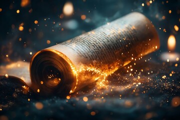 Poster - A magical scroll glowing with golden light, listing the significant accomplishments of a legendary hero in an enchanted setting with floating candles