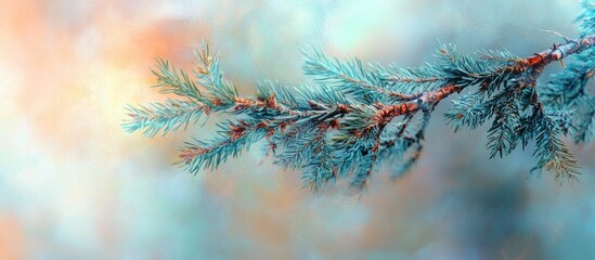 Wall Mural - close-up of a pine branch with soft focus background featuring pastel colors and gentle bokeh effect