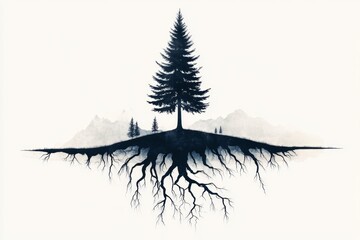 Poster - A minimalist illustration of a tall tree with deep roots, symbolizing substantial growth, rendered in simple, clean lines with a neutral background