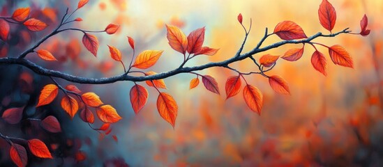 Wall Mural - autumn foliage on a branch with vibrant orange and red leaves against a blurred warm background copy