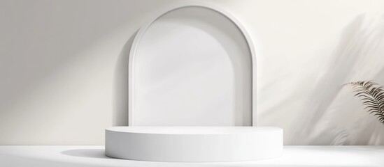 Wall Mural - minimalist display podium with arch-shaped backdrop in neutral color interior copy space