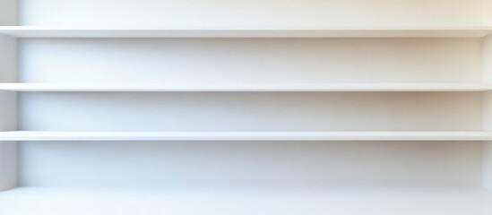  Empty white shelves with ample copy space for text or product placement in a minimalistic setting.