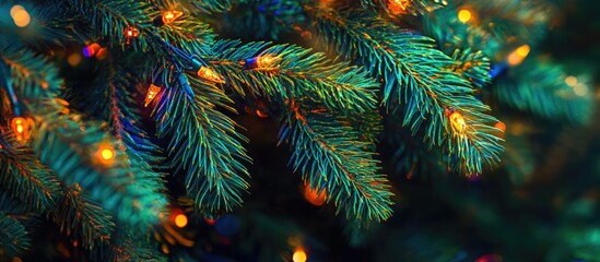 Wall Mural - christmas tree branches with colorful lights bokeh dark background copy space