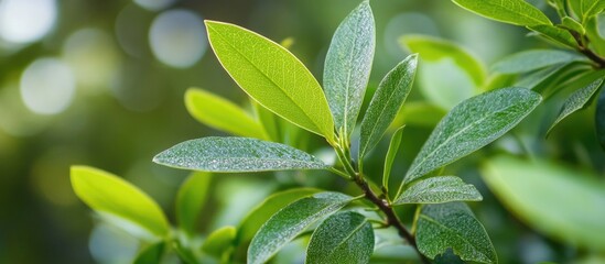 Wall Mural - green leaves with textured surfaces and blurred natural background featuring bokeh effect copy space