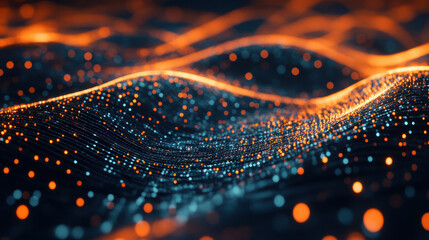 Wall Mural - abstract waves of glowing particles in blue and orange tones evoke technology