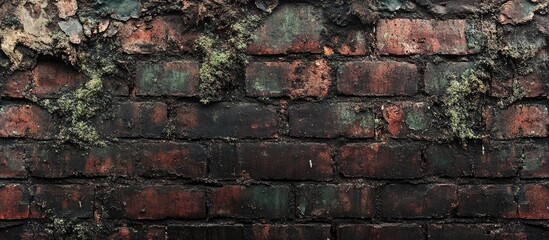 Weathered brick wall with moss and ivy growth on aged surface ideal for background with Copy Space for text placement