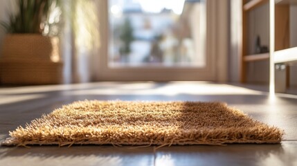 Wall Mural - Close-up of a textured beige area rug on a tiled floor with natural light streaming through a window, Copy Space available.