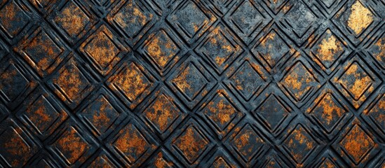 Wall Mural - Textured background with diamond pattern featuring a mix of dark blue, black, and rusty orange tones suitable for various design applications Copy Space