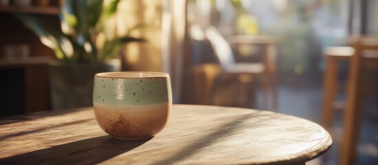 Wall Mural - ceramic mug on wooden table with warm sunlight, botanical background and soft focus, copy space avai