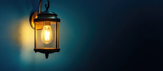 Wall Mural - vintage wall-mounted lantern with warm glow illuminating a dark blue wall featuring ample copy space