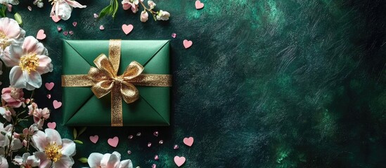 Wall Mural - Green gift box with golden ribbon on dark textured background surrounded by flowers and heart confetti Copy Space