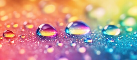 Wall Mural - Close-up of colorful water droplets on a textured surface with copy space for text