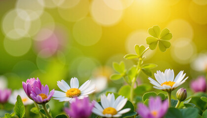 Tiny four-leaf clover amidst spring flowers at sunrise, luck and growth