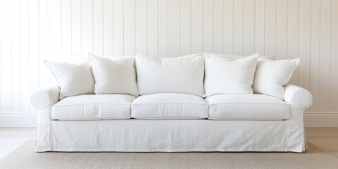 Wall Mural - Cozy white sofa with plush cushions on minimalist interior background Copy Space