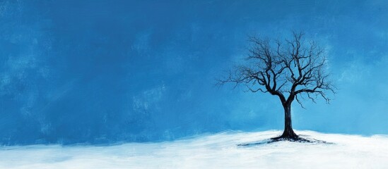 Wall Mural - Lonely winter tree on snow-covered ground under a blue sky with Copy Space for text placement