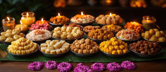 Traditional Indian sweets and snacks arranged on banana leaves with candles and floral decorations during a festive celebration Copy Space