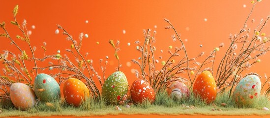 Wall Mural - Colorful decorated Easter eggs arranged on grass with flowers and twigs against an orange background Copy Space