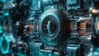 © CybStars - Close-up view of a futuristic technology panel, showcasing intricate details and glowing circuits in blue tones, ideal for tech and sci-fi visuals.