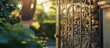 © AIArtistry - Ornate wrought iron gate partially open in a lush garden during golden hour with soft sunlight illuminating the scene Copy Space