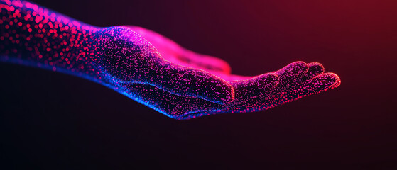Abstract digital hand with glowing particles on vibrant gradient background, symbolizing innovation and technology.